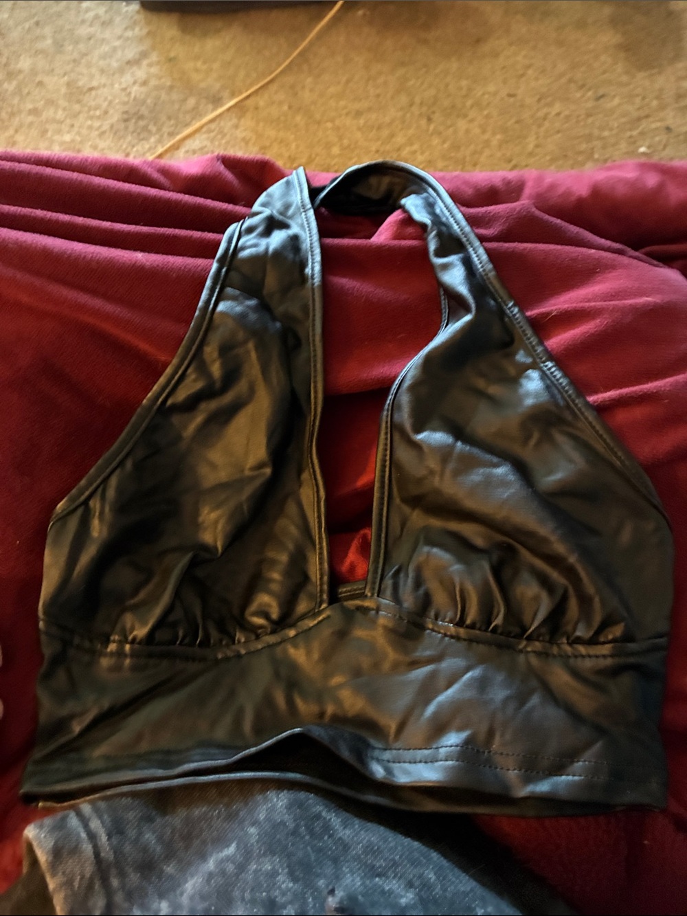 SHEIN Black Faux Leather Halter Bandeau Bralette